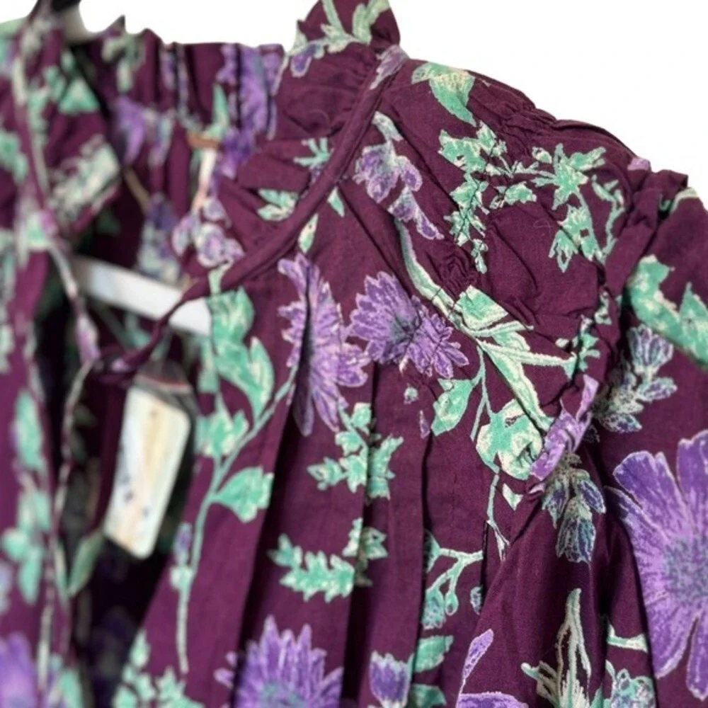 Free People Meant to Be Floral Puff‎ Sleeve Button Up Blouse Top NWT